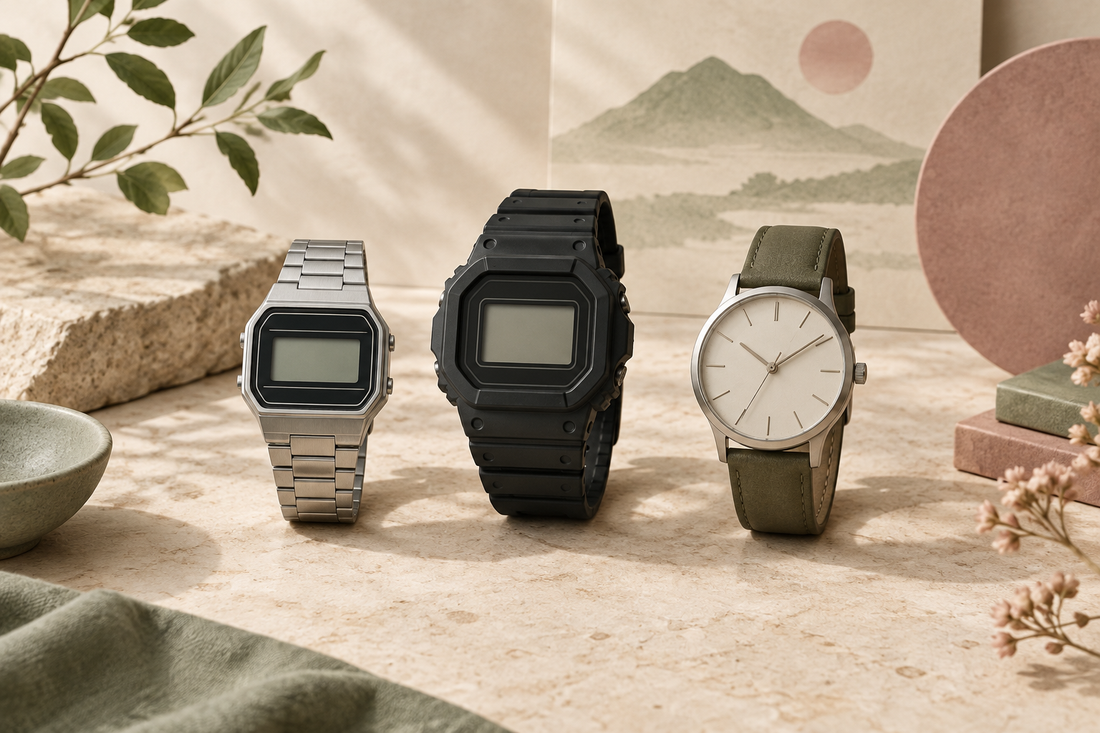 Illustration de trois montres, deux numériques et une à aiguilles, dans un décor crème et sauge.