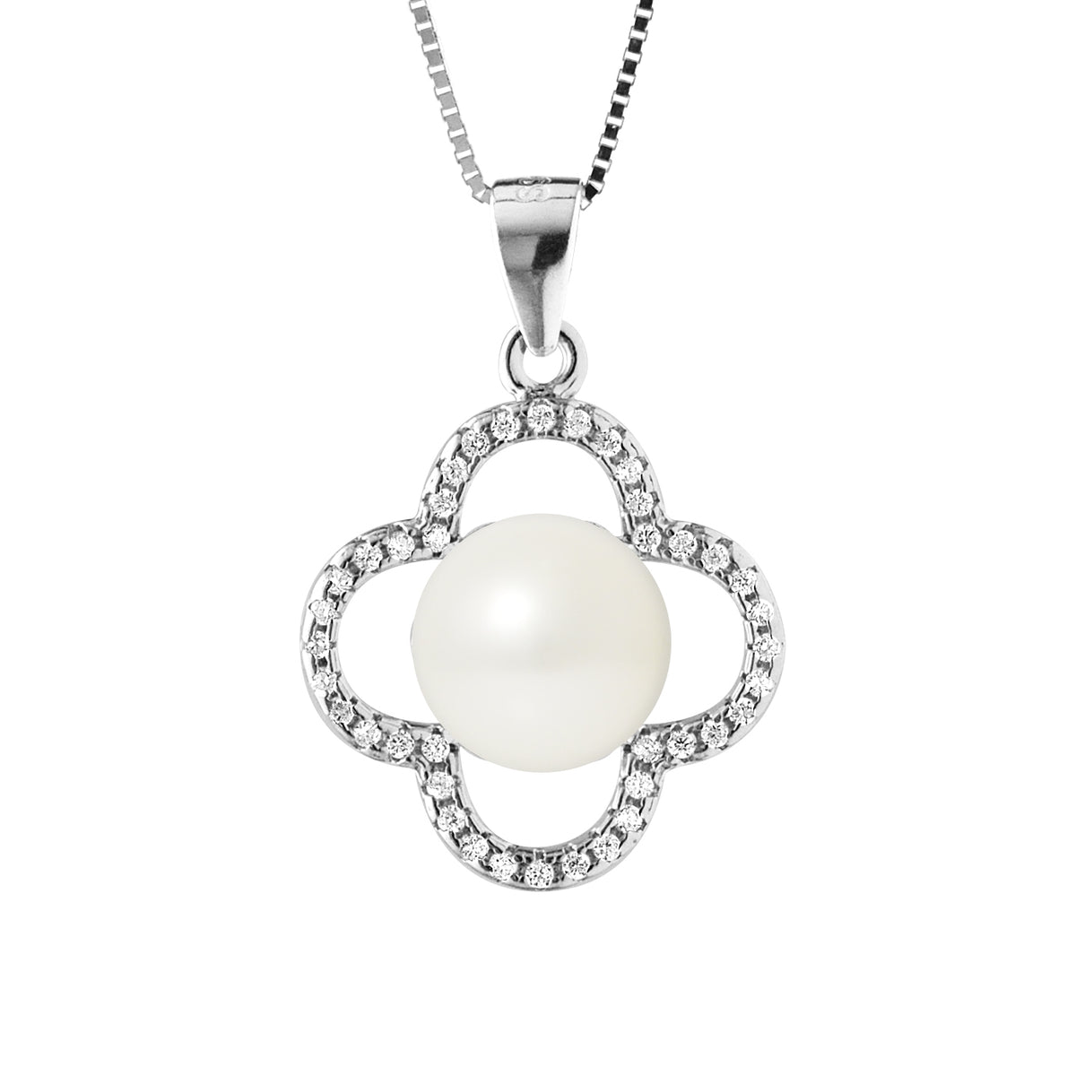 PERLINEA- Collier Trèfle- Perle de Culture d'Eau Douce- Diamètre 9-10 mm Blanc- Bijou Femme- Argent 925 Millièmes