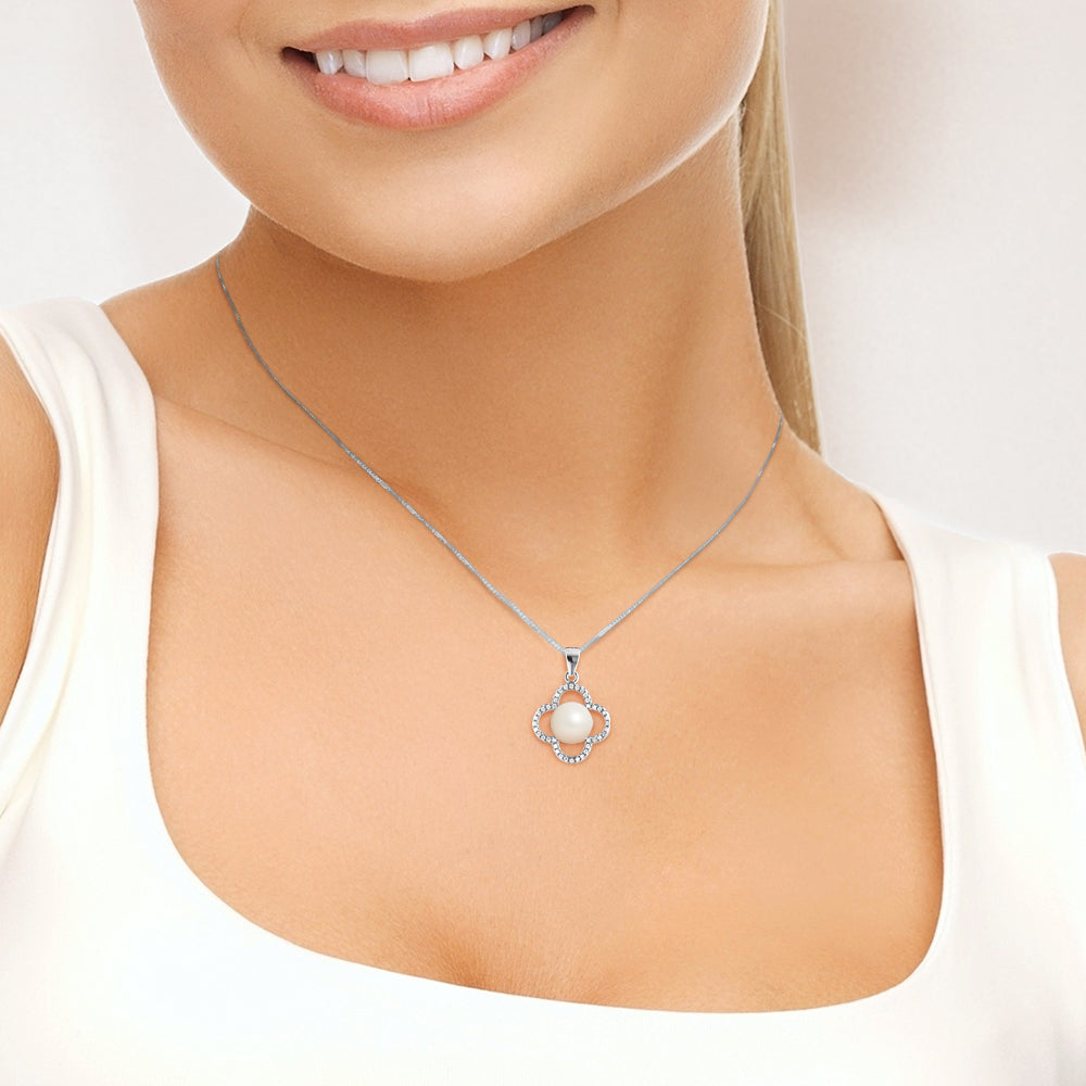 PERLINEA- Collier Trèfle- Perle de Culture d'Eau Douce- Diamètre 9-10 mm Blanc- Bijou Femme- Argent 925 Millièmes