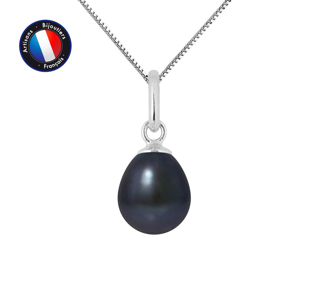 PERLINEA- Pendentif- Perle de Culture d'Eau Douce- Bouton Diamètre 7-8 mm Black Tahiti- Bijou Femme- Or Blanc