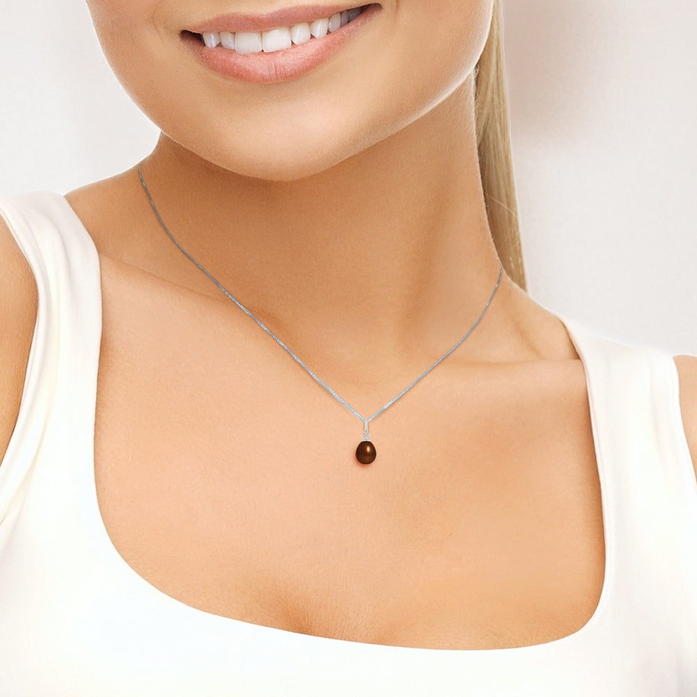 PERLINEA- Pendentif- Perle de Culture d'Eau Douce- Bouton Diamètre 7-8 mm Chocolat- Bijou Femme- Or Blanc