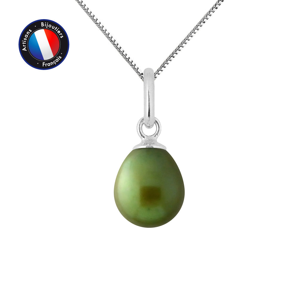 PERLINEA- Pendentif- Perle de Culture d'Eau Douce- Bouton Diamètre 7-8 mm Vert Intense- Bijou Femme- Or Blanc