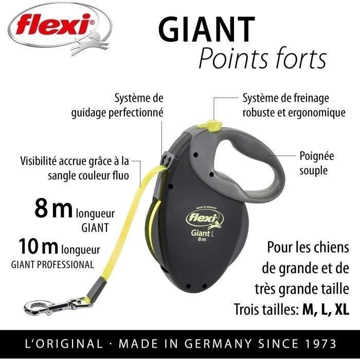FLEXI - GT3-210-S-NEO-12 - Noir et jaune - Pour chiens jusqu'a 50 kg Laisse Enrouleur Flexi Neon Giant