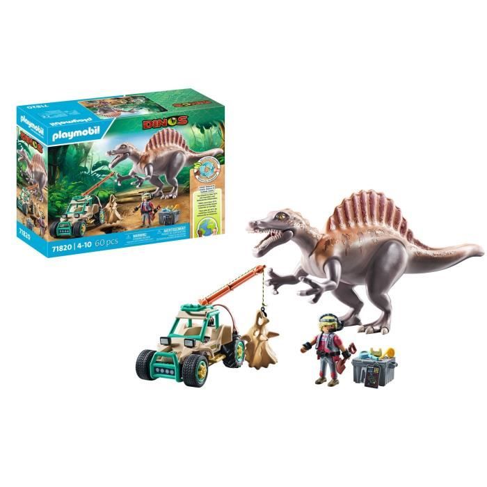 PLAYMOBIL 71820 Spinosaure, chercheur et véhicule a grue pivotante, Dinos, 60 pieces, Des 4 ans