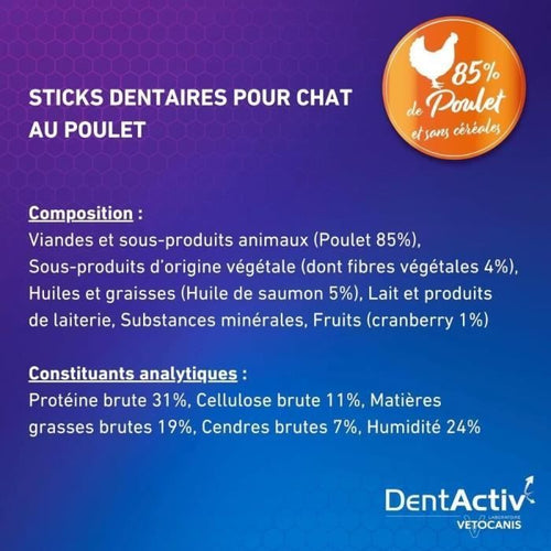 10 Bâtonnets - VETOCANIS - Hygiene Bucco-Dentaire au Poulet pour Chat Dentactiv