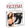 Fetish Fantasy Series black metal handcuffs with keys in packaging featuring a woman in black leather outfit