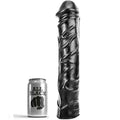ALL BLACK black giant realistic textured anal fisting dildo 32 cm with base next to ALL BLACK branded can