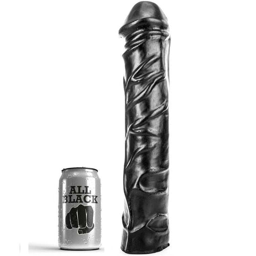 ALL BLACK black giant realistic textured anal fisting dildo 32 cm with base next to ALL BLACK branded can