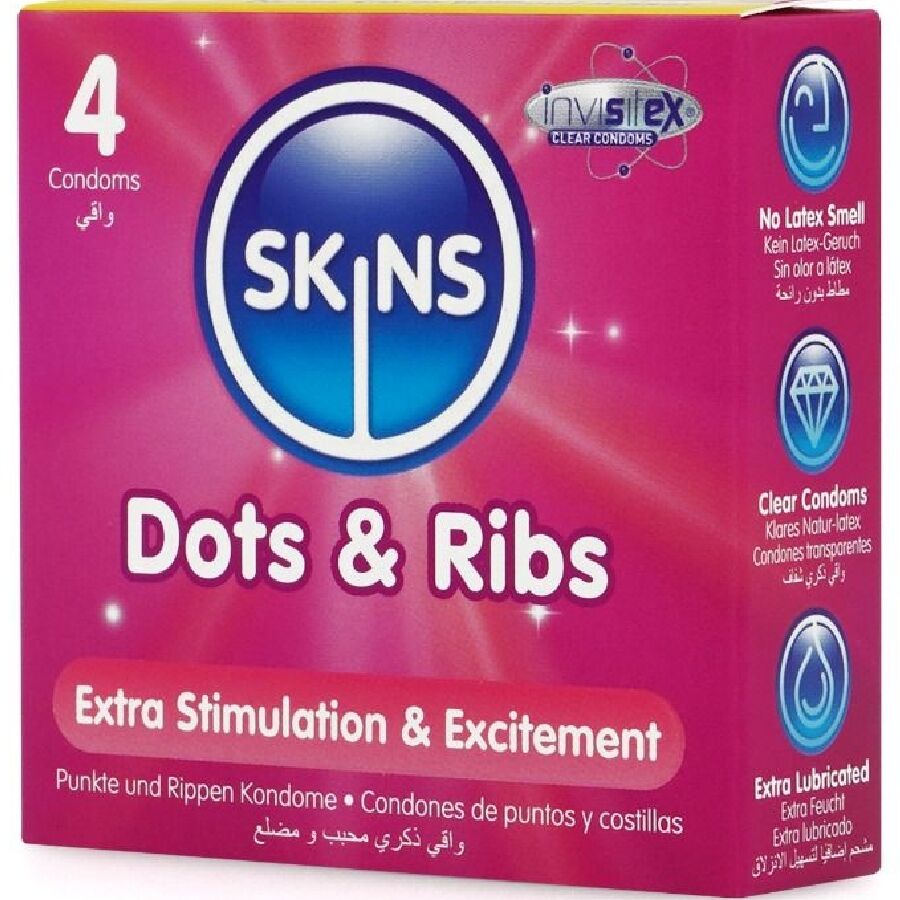 SKINS - PACK DE 4 PRÉSERVATIFS PREMIUM DOTS & RIBS