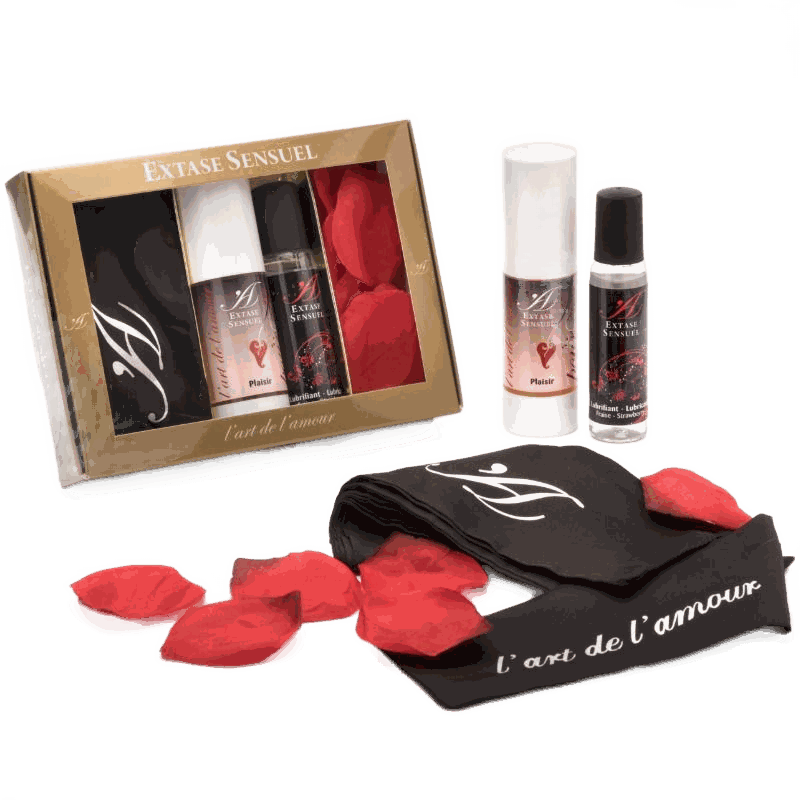 EXTASE SENSUAL kit with stimulating gel, strawberry lubricant, fantasy mask, and rose petals for intimate moments